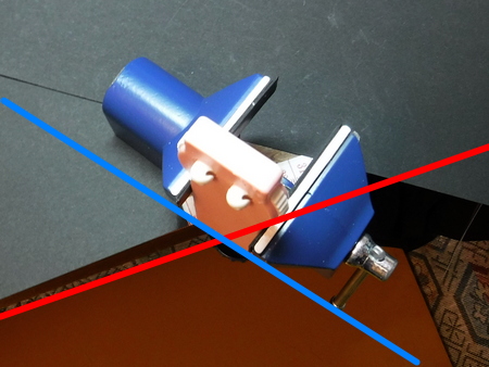 The red line is the edge of the desk, and the blue line is the direction of the vice and yarn twister.