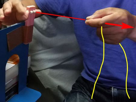The red arrow shows the slow movement of the non-dominant hand away from the twister.